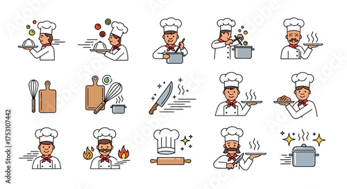 A collection of vector illustrations depicting chefs, cooking utensils, and food preparation elements in a cartoon style.