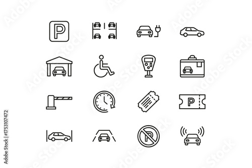Set of outline parking icons, car parking symbols, electric vehicle charging, handicap accessible, parking meter, ticket, no parking sign, automated barrier, car garage, street parking