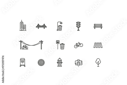 Set of Urban Infrastructure Line Icons, City Elements Vector Graphic, Buildings, Bridge, Street Furniture, Bicycle, Traffic Light, Trash Bin, Manhole, Hydrant, Tree, Urban Transport Signs
