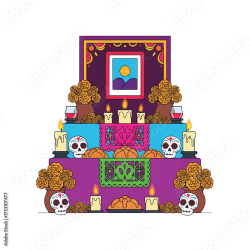 Colorful Day of the Dead altar with skulls, candles, and offerings on a white background, decorated with vibrant flowers and a framed picture.