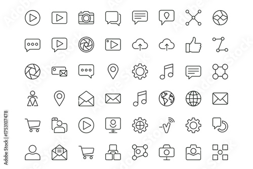 Set of Minimalist Social Media and Technology Icons, Network, Communication, Location, Cloud Upload, Camera, Music, Shopping, Settings Symbols for Interface Design