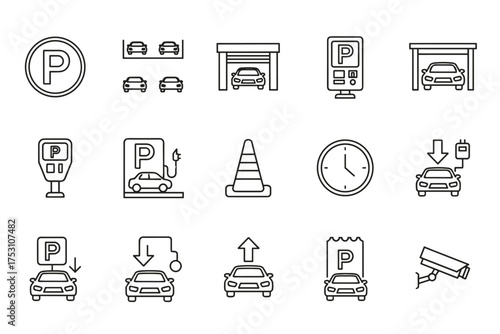 Set of outline parking icons including parking meter, electric car charging, parking garage, parking ticket, traffic cone, clock, security camera, and directional car parking symbols
