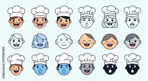 A collection of diverse chef faces, each wearing a white toque, expressing various emotions in a cartoon style.