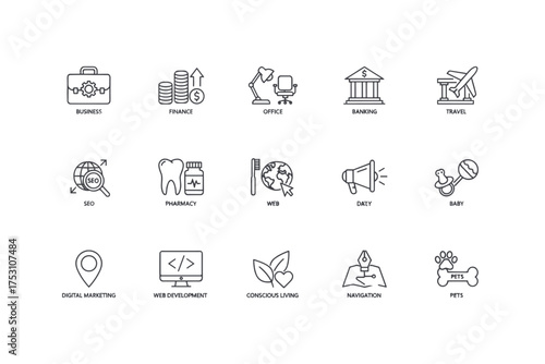 Set of Thin Line Icons Collection for Business, Finance, Office, Banking, Travel, Digital Marketing, Web Development, Pharmacy, Baby Care, Pets, Conscious Living and Navigation Symbols