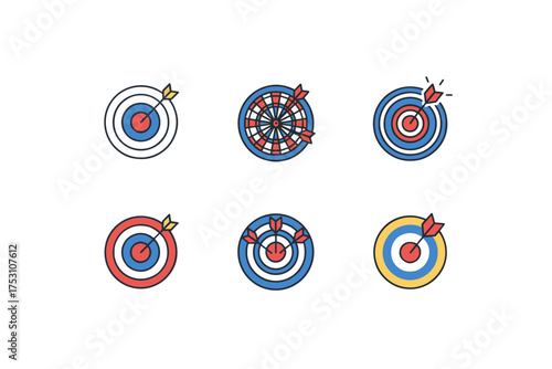 Target icons set with arrows hitting goals and bullseye symbols, precision aim, success and achievement concepts, dartboard and archery elements, accurate goal hitting collection