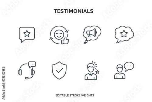 Customer feedback and testimonials icons set with user reviews, positive ratings, support headset, satisfaction concept, customer service, user comments, and trust shield vector outline