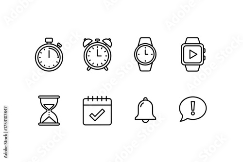 Time and Alarm Icon Set, Stopwatch Timer, Classic and Smart Watches, Hourglass, Calendar with Checkmark, Notification Bell and Alert Message, Time Management and Reminder Symbols