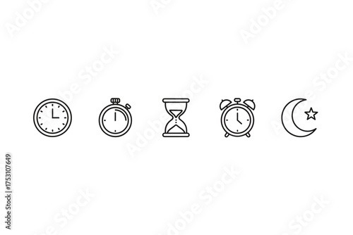 Time icons set with clock, stopwatch, hourglass, alarm clock, moon and star symbol, minimalist line art, time management, measurement, schedule concepts, night and day symbols