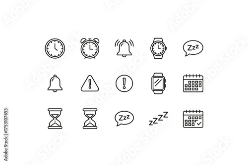 Time and Alarm Icons Set, Timer Clock Symbols, Alarm Bells, Wristwatch, Smartwatch, Calendar Date, Hourglass, Sleep and Notification Alerts, Minimal Outline Vector