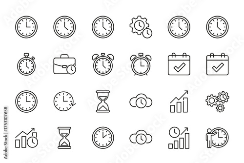Thin line icon set time management business productivity clock timer stopwatch calendar checklist hourglass progress gear settings cloud efficiency growth concept