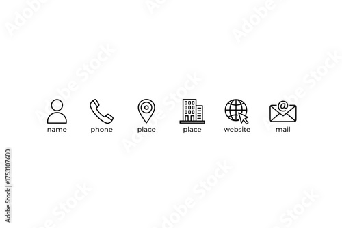 Minimalist business card icon set with contact details including name, phone, location, office building, website, and email symbols for professional branding and design