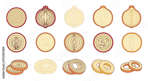 Illustration of various onion cuts, including whole, halved, and sliced, in different colors, arranged in rows on a white background.