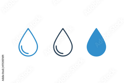 Water drop icon set with editable stroke, liquid droplet outline and filled vector symbol, water element design for clean and fresh fluid concept
