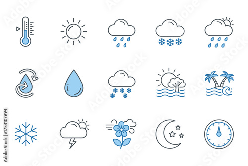Weather Icon Set with Temperature, Sun, Clouds, Rain, Snow, Wind, Moon, and Nature Elements for Forecast, Climate, Seasonal, and Natural Phenomena Vector Graphics