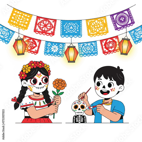 Illustration of a girl and boy celebrating Dia de los Muertos with sugar skull decorations and colorful papel picado banners.