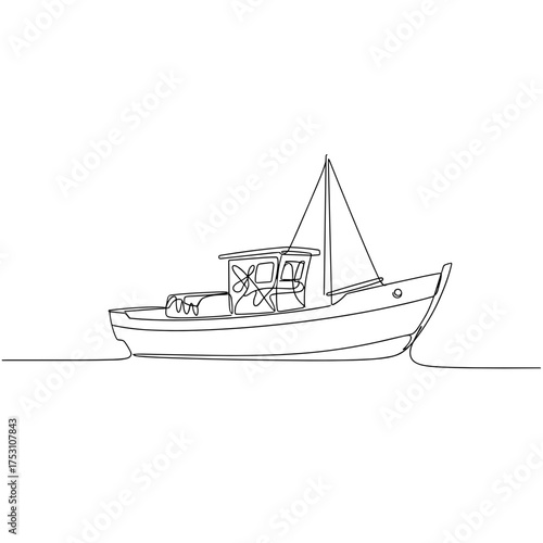 Flat-bottomed boat one line drawing, black and white, for sea travel and fishing concepts, with copy space
