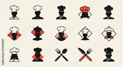Collection of chef hat icons, various shapes and colors, including utensils and diamond shapes, on a beige background.