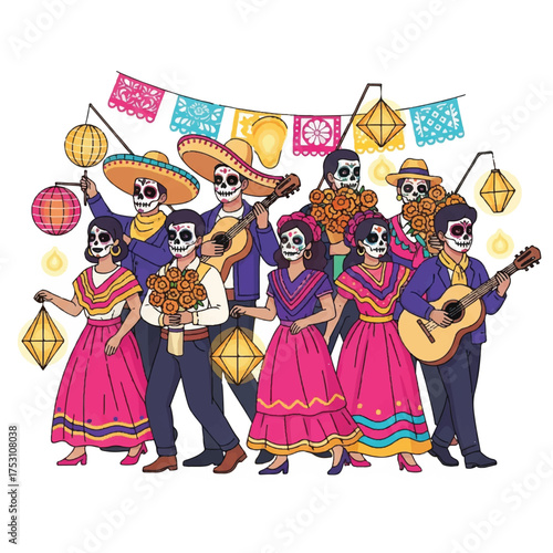 Colorful illustration of a lively mariachi band with sugar skull makeup celebrating Dia de los Muertos with traditional Mexican attire and instruments against a white background with