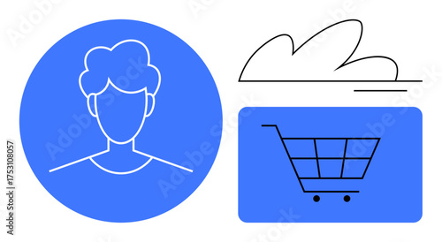 Abstract face in a circle, shopping cart, and cloud symbolize customer identity, e-commerce, and digital connectivity. Ideal for retail, marketing, data, technology cloud computing customer