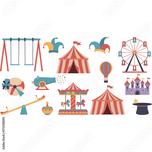 Amusement Park and Circus Entertainment Icons Collection.