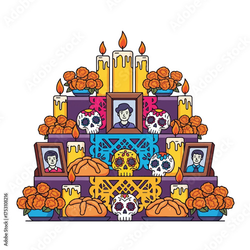 Colorful illustration of a Mexican Day of the Dead altar with candles, skulls, and photographs on a white background.