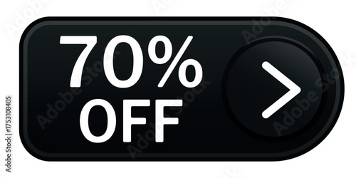 70% off 3d glossy button. Vector isolated on white background.