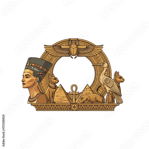 Egyptian Frame with Nefertiti, Cats, Pyramids, and Sacred Animals.