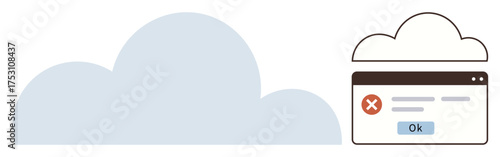 Large cloud icon beside a browser error notification with an X and Ok button. Ideal for cloud computing, data management, online security, error handling, IT issues, technology, and simple flat