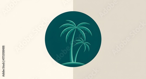 A circular icon with stylized palm tree design