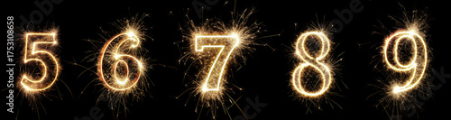 Sparkling numbers, from 5 to 9, symbolizing celebrations with fireworks against a dark background