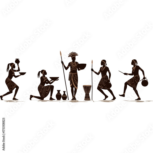 African tribal people in traditional attire performing a ritual dance with spears and drums.