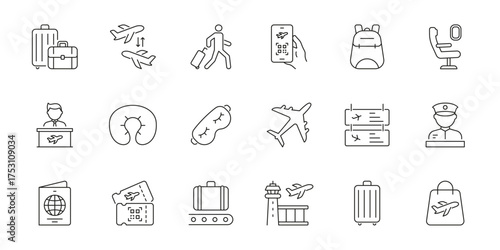 Travel And Airport Essentials Line Icon Set. Air Travel, Luggage, Boarding Pass, And Security Outline Symbol Collection. Flight And Passenger Services. Editable Stroke. Isolated Vector Illustration