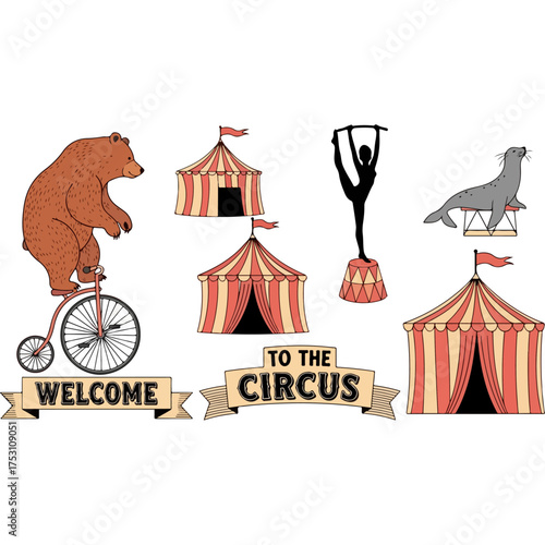 Circus themed illustration featuring a bear on a bicycle and tents.