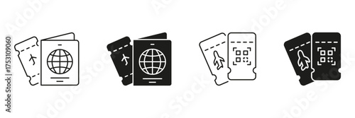 Passport And Boarding Pass Icon Set. Travel Documentation And Flight Ticketing Outline And Silhouette Symbol Collection. International Travel And Identification. Isolated Vector Illustration