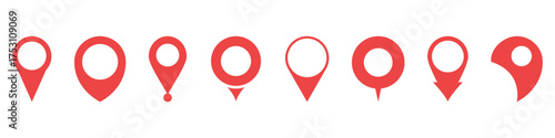 Red Location Pin Icon Set. Geolocation, Navigation, And Map Marker Silhouette Symbol Collection. Versatile Design For Gps, Travel, And Digital Mapping Applications. Isolated Vector Illustration