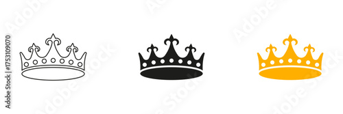 Crown With Spikes Line and Solid Icon Set. Bold ceremonial headwear symbols for kings and fantasy empires. Symbol Collection. Isolated Vector Illustration
