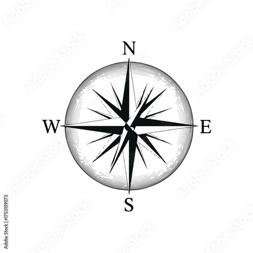 Classic black and white compass rose for navigation and direction.