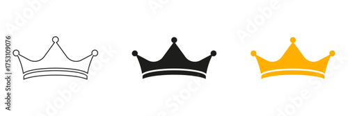 Monarch Crown Vector Line and Solid Icon Set. Regal symbols of power and nobility in iconic crown forms. Symbol Collection. Isolated Vector Illustration
