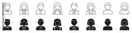 User Avatars Line And Solid Icon Set. Diverse Professional And Casual Profile Silhouette Symbol Collection. Gender Representation And Identity Icons. Isolated Vector Illustration