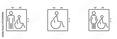 Elevator Accessibility Icon Set. Inclusive Design And Wheelchair Access Symbol Collection. Universal Access And Mobility Support. Editable Stroke. Isolated Vector Illustration