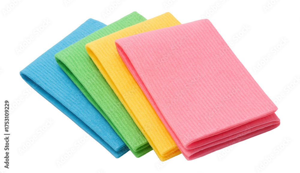 Fototapeta premium Vibrant viscose cleaning cloths for easy organization and task identification at home.