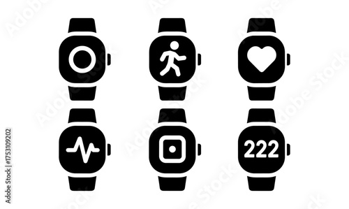 Minimal black smartwatch icons with health and fitness symbols