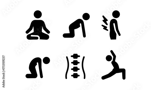Black icons of yoga and back pain relief exercises featuring spine health