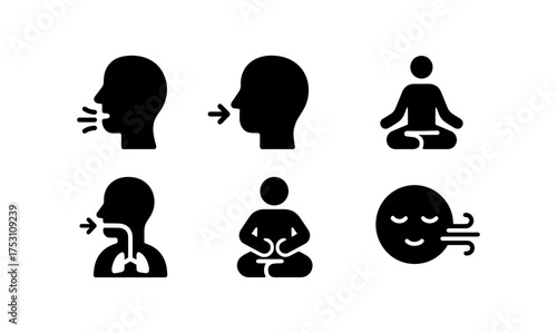 Essential breathing and meditation icons in minimalist silhouette design