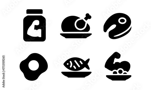 Silhouette icons of protein-rich foods and fitness elements
