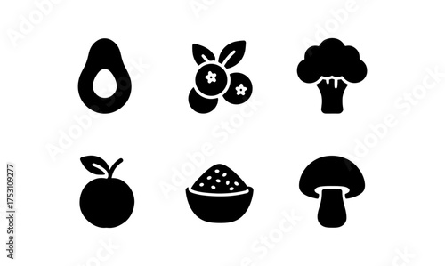 Black silhouette icons of avocado, blueberries, broccoli, apple, rice bowl, and mushroom