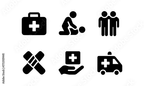 Essential emergency medical icons in bold silhouette style for health and safety themes