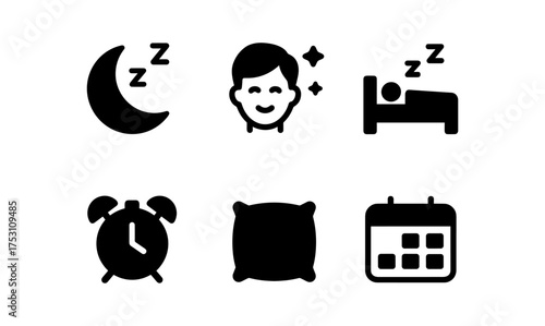 Sleep and relaxation icons set: moon, bed, alarm, pillow, calendar