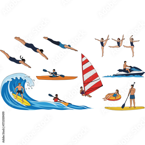 Diverse Water Sports Activities Illustration - Surfing, Diving, Kayaking, and More.