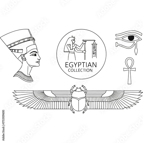 Egyptian Symbols Collection - Nefertiti, Scarab, Eye of Horus, Ankh.